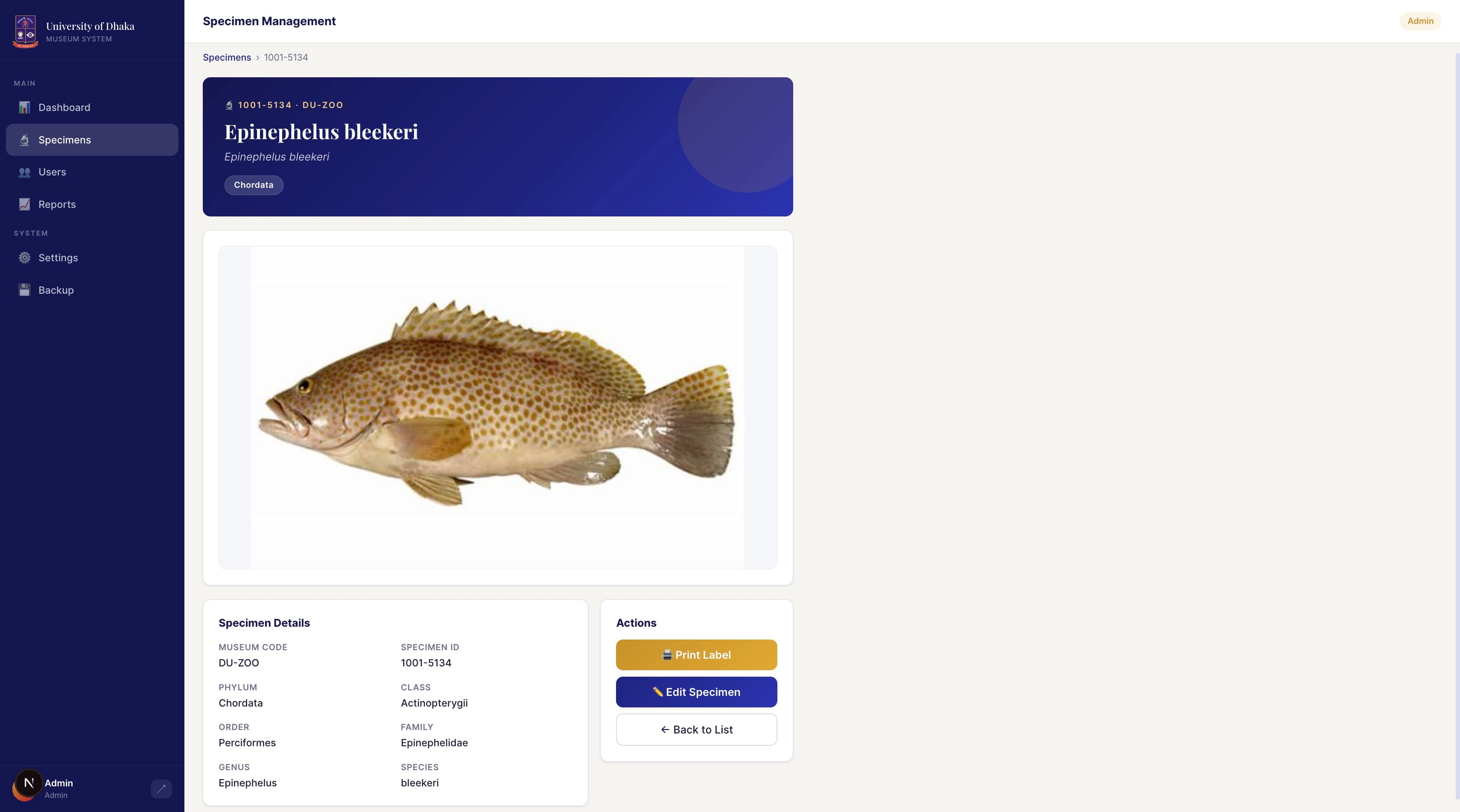Specimen detail page with QR label